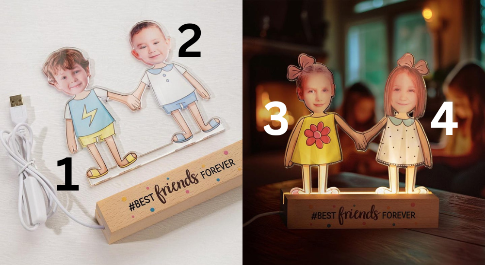 Personalized Best Friends Forever LED Night Light Custom Kid Photos with Wooden Base, Home Decor & Birthday Gift for Boys and Girls