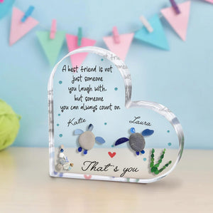 Personalized Heart Acrylic Friendship Gift, Sea Glass Turtle Keepsake for Best Friends, Custom Names Pebble Art, Besties Plaque Gift for Her