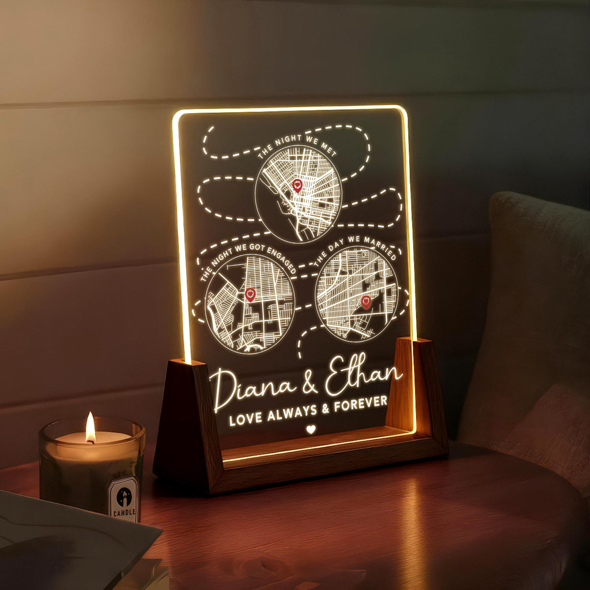 Personalized Love Story Map LED Lamp The Night We Met, Engaged & Married, Custom Valentine s Gift for Couples