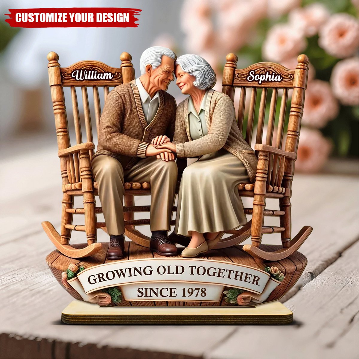 Old Couple Sitting On Rocking Chairs Together - Personalized Wooden Plaque - Gift For Couple, Anniversary Gift