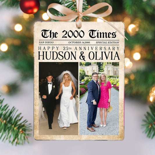Personalized Wedding Anniversary Ornament, Newspaper Couple Photo Ornament, Acrylic Christmas Keepsake