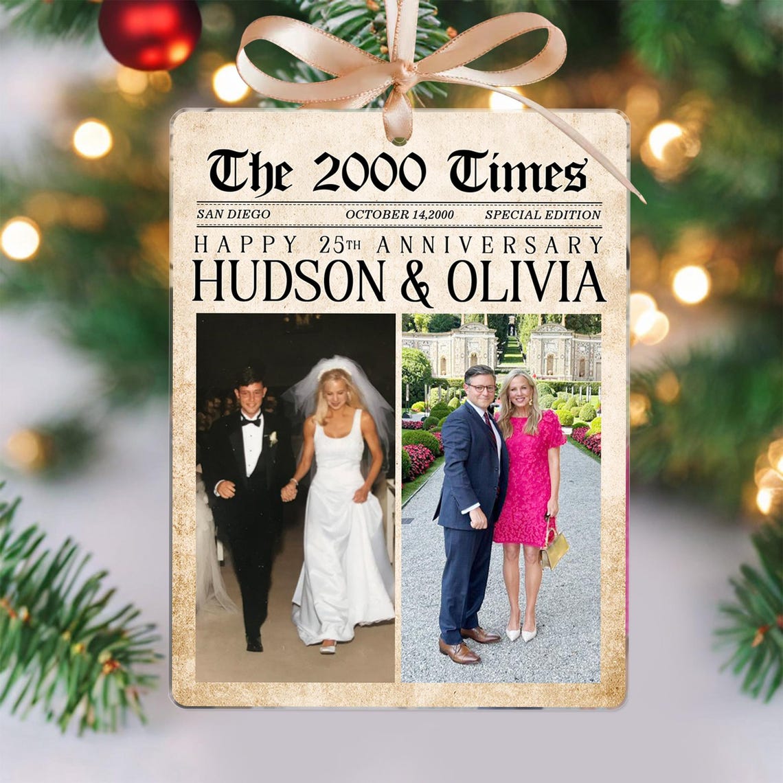 Personalized Wedding Anniversary Ornament, Newspaper Couple Photo Ornament, Acrylic Christmas Keepsake