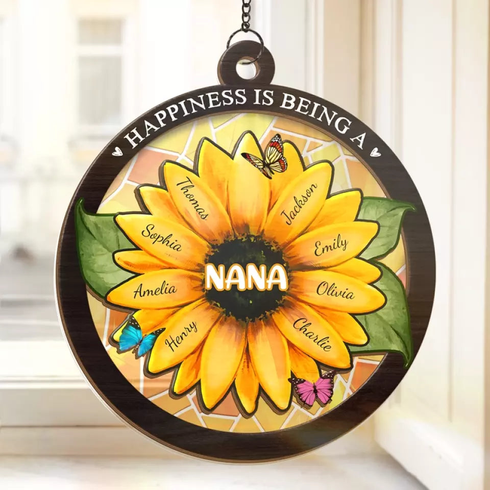 Happiness Is Being A Grandma Sunflower - Personalized Suncatcher Ornament - Gift For Mom, Mother's Day, Birthday Gift