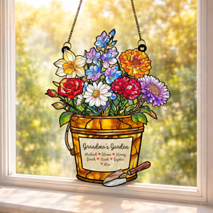 Grandma's Bucket Birth Flower Suncatcher, Grandma's Garden, Mom Gift, Birth Month Flower Stained Glass Acrylic Window Hanging, Mothers Day Gift