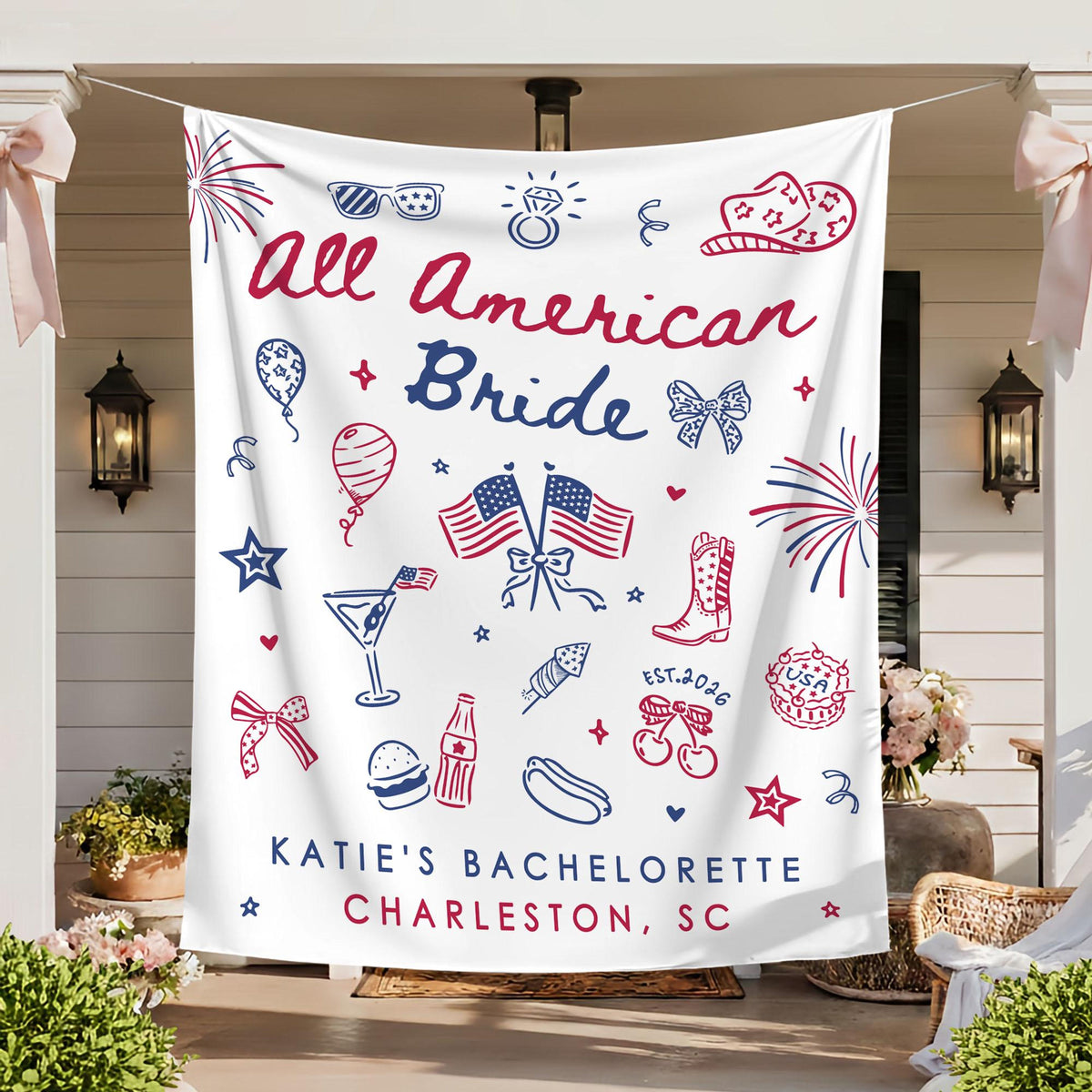 All American Bride Bachelorette Tapestry, Independence Day Bach Banner Decor, Custom Fourth Of July American Backdrop, 4th of July BridalShower