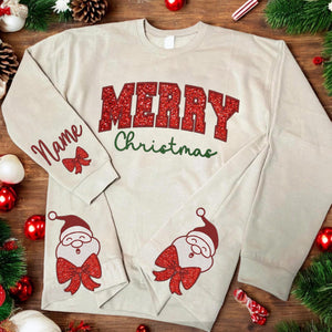 Merry Christmas Embroidered Side Bow Glitter Sweatshirt, Santa Claus Side Bow Sweatshirt, Side Bow Applique Sweatshirt, Trendy Coquette Bow