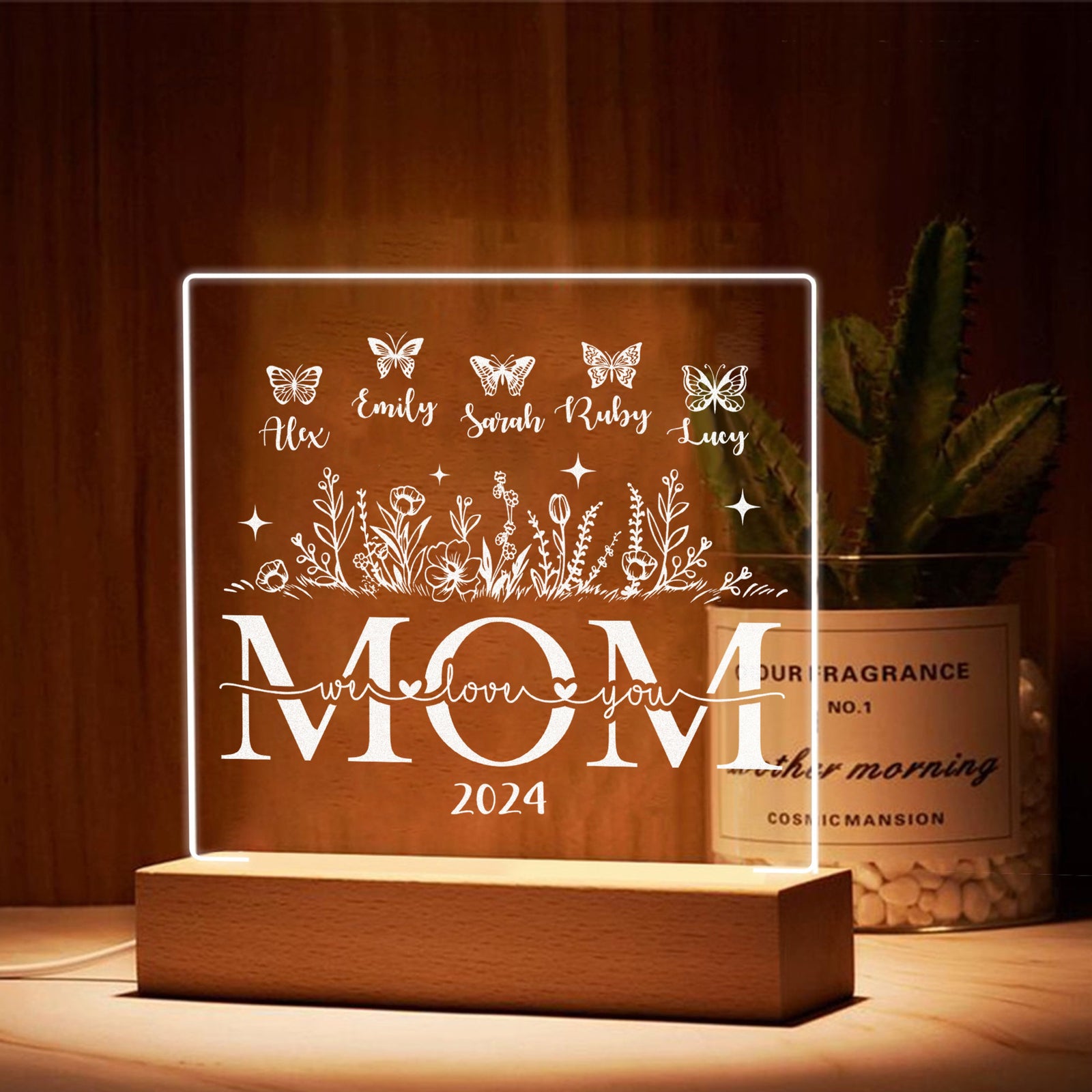 Custom Mom's Garden - Personalized 3D LED Light Wooden Base - Gift For Mom, Mother's Day Gift