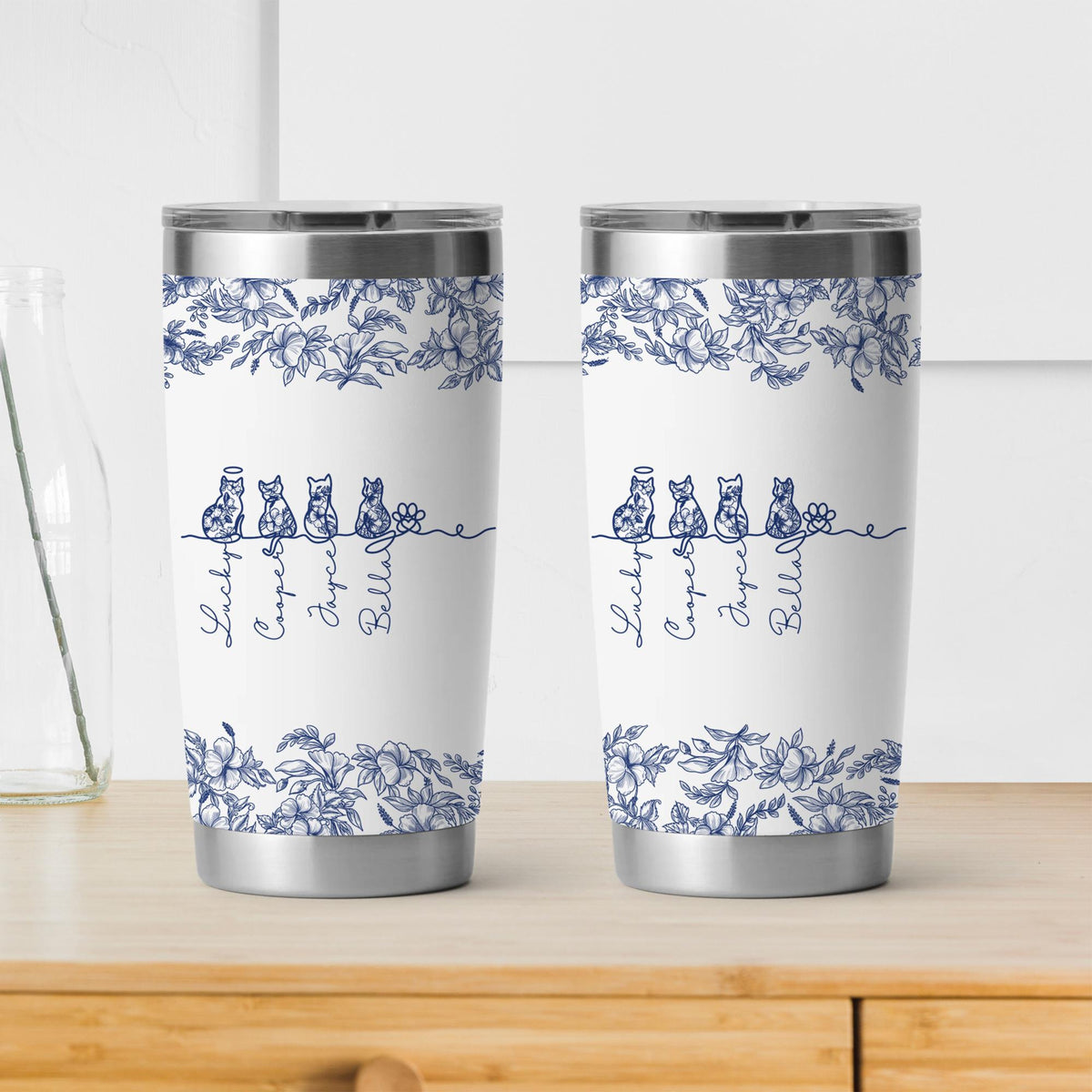 Custom Cat Tumbler, Personalized Cat With Name Tumbler, Toile De Jouy Cat Line Art Mug, Gift For Cat Owner, Pet Memorial Pet Loss Keepsake