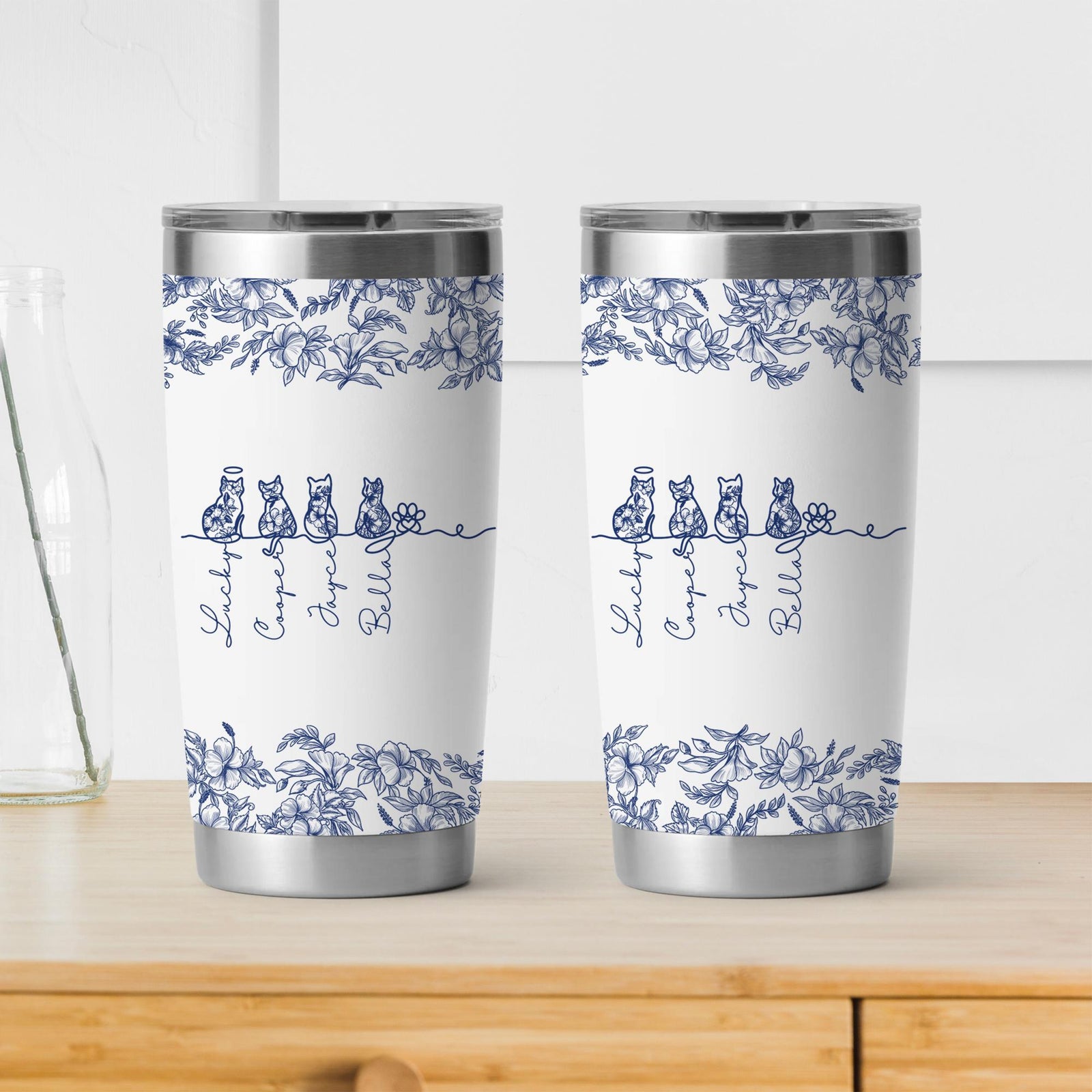 Custom Cat Tumbler, Personalized Cat With Name Tumbler, Toile De Jouy Cat Line Art Mug, Gift For Cat Owner, Pet Memorial Pet Loss Keepsake