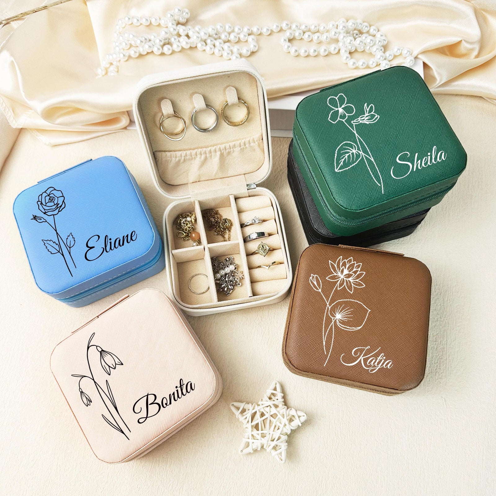 Outline Art Flower Custom Name - Personalized Square Jewelry Box - Gift for Sister, Friend, Birthday Gift