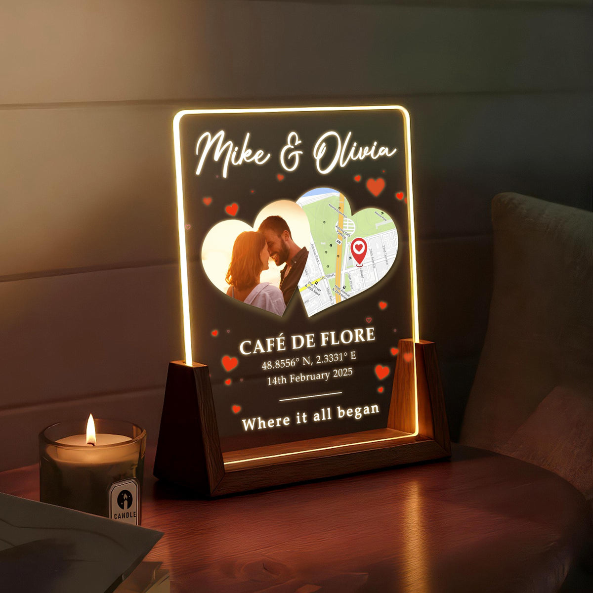 Personalized Engagement Map Light with Photo, Custom Location Couple Gift, Anniversary Gift, Valentine's Day Gift