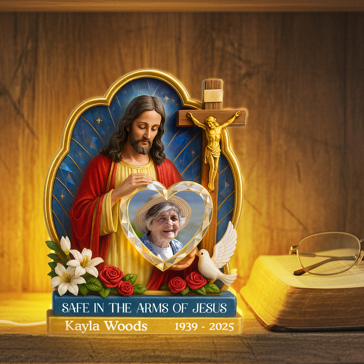 Safe In The Arms Of Jesus Custom Photo - Personalized Acrylic Light Box - Christmas Memorial Remembrance Keepsake
