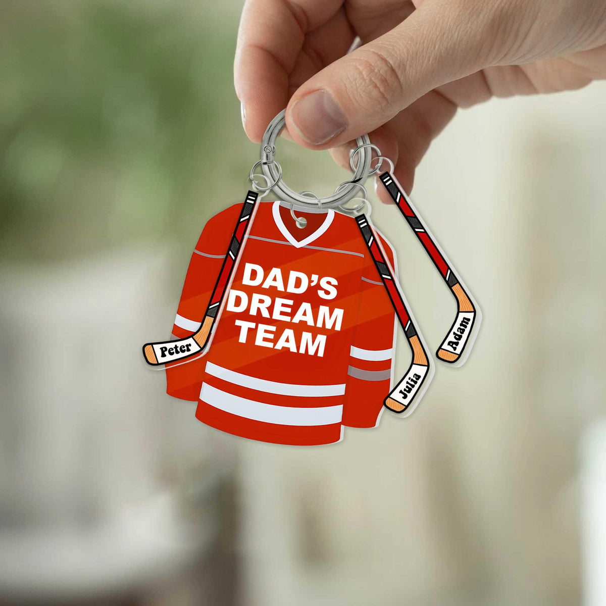 Dad's Dream Team Hockey Keychain Personalized Gift with Kids' Names on Sticks, Custom Father s Day Gift for Hockey Dad Fans