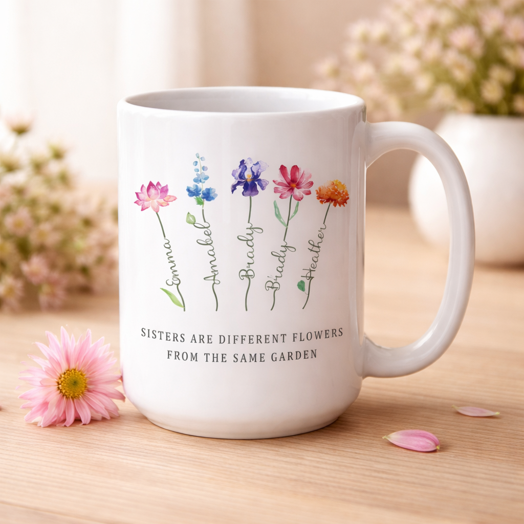 Sister Gifts, Sisters Are Different Flowers Mug, Sister Gifts For Birthday, Gifts for her, Customized Birth Month Flowers