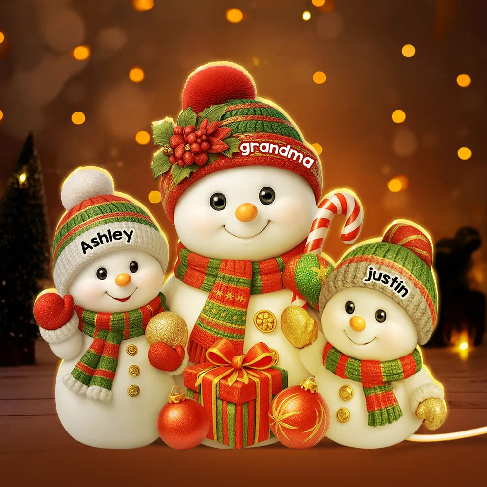 Festive Snowman Grandma & Grandkids - Personalized Acrylic Light Box - Christmas Gift for Mom, Grandma
