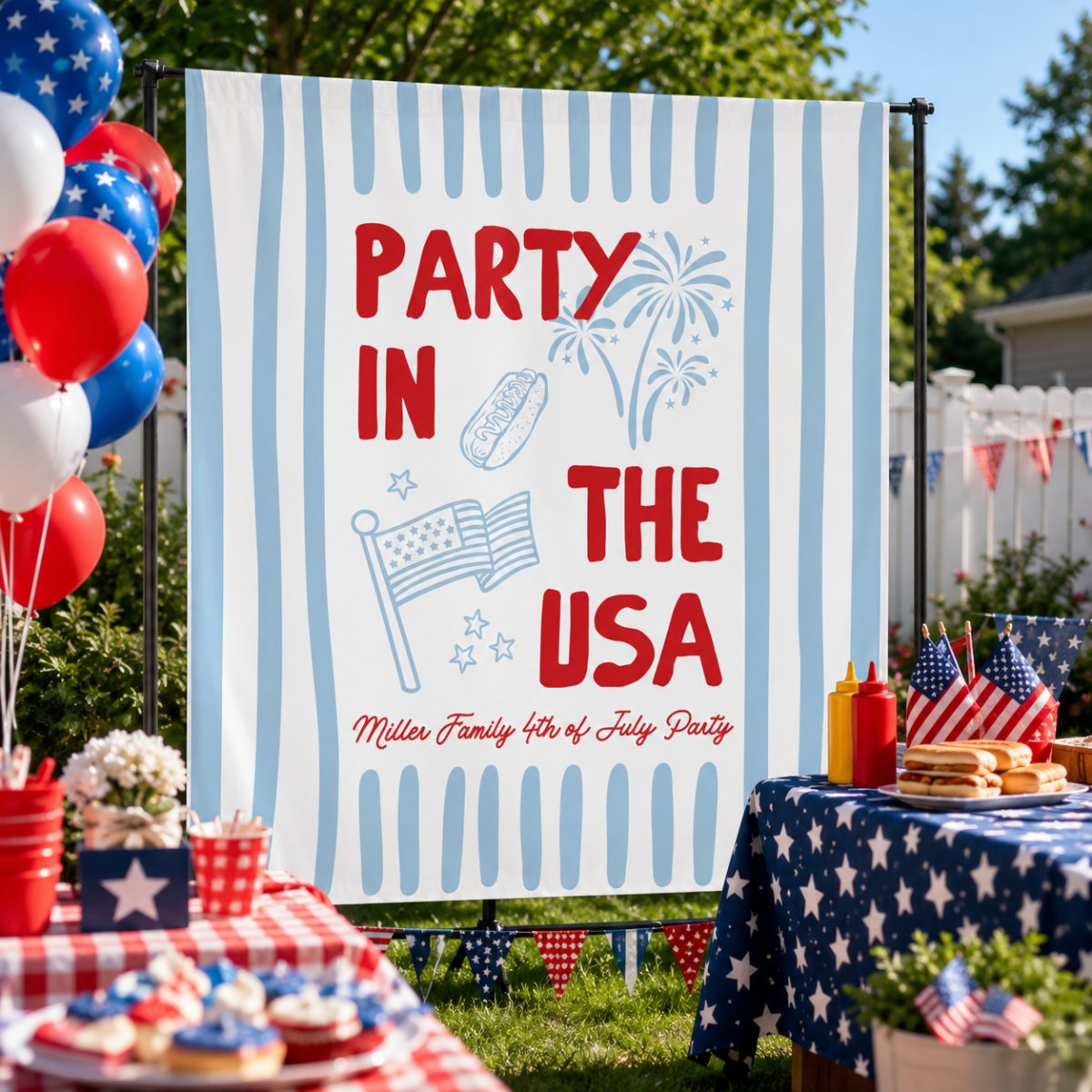 Custom 4th of July Party Banner, Family BBQ Sign, America 250th Anniversary Celebration Backdrop, USA Celebration Decor
