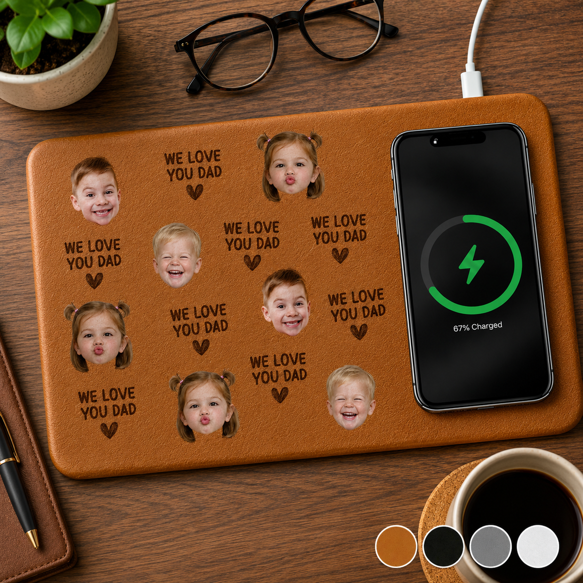 Happy Father's Day Custom Kid's Faces - Personalized Wireless Charging Mat - Gift For Dad Grandpa, Father's Day Gift