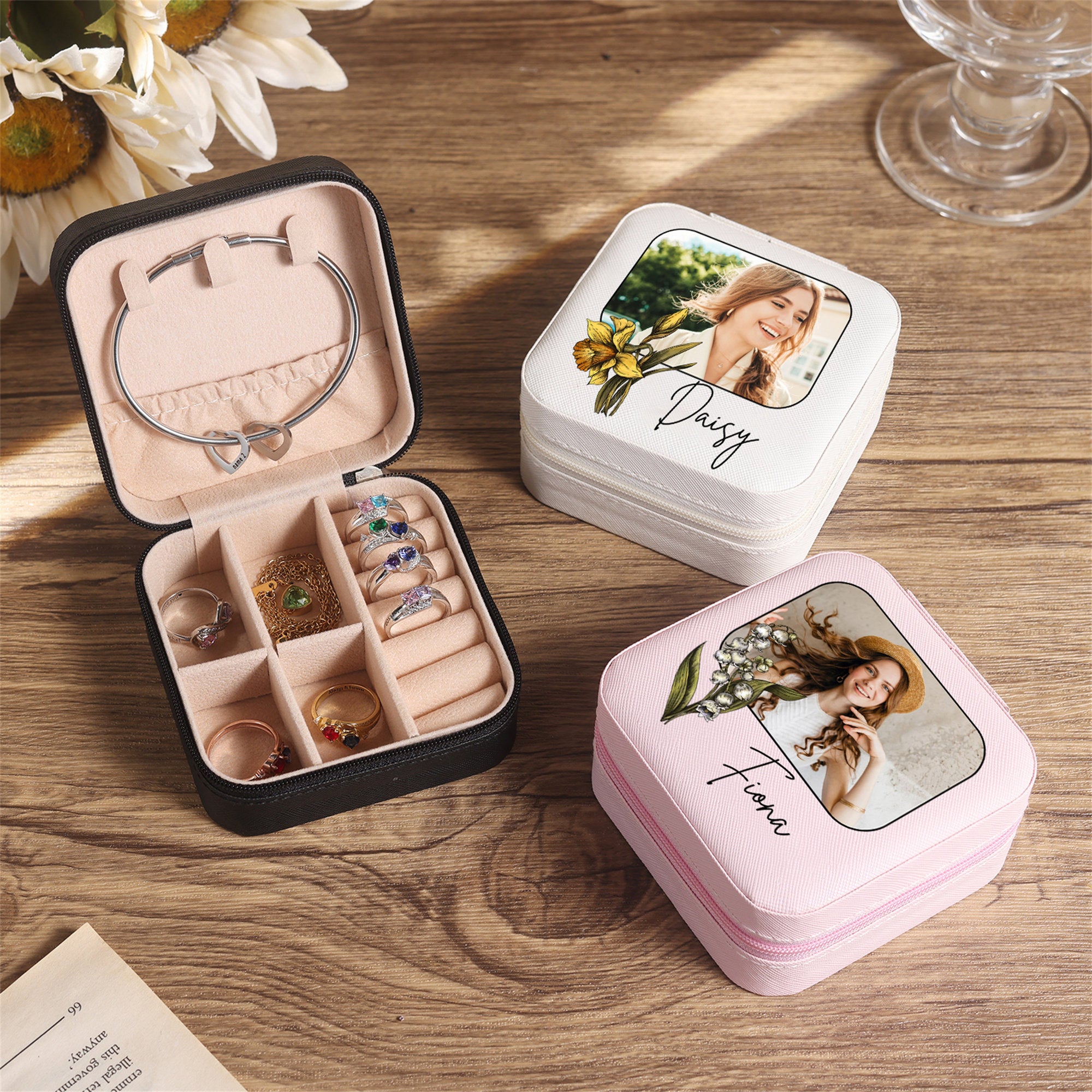 Custom Birth Flower&Name Jewelry Box, Floral Jewelry Case, Travel Jewelry Organizer, Gifts for Her, Gift for Mom