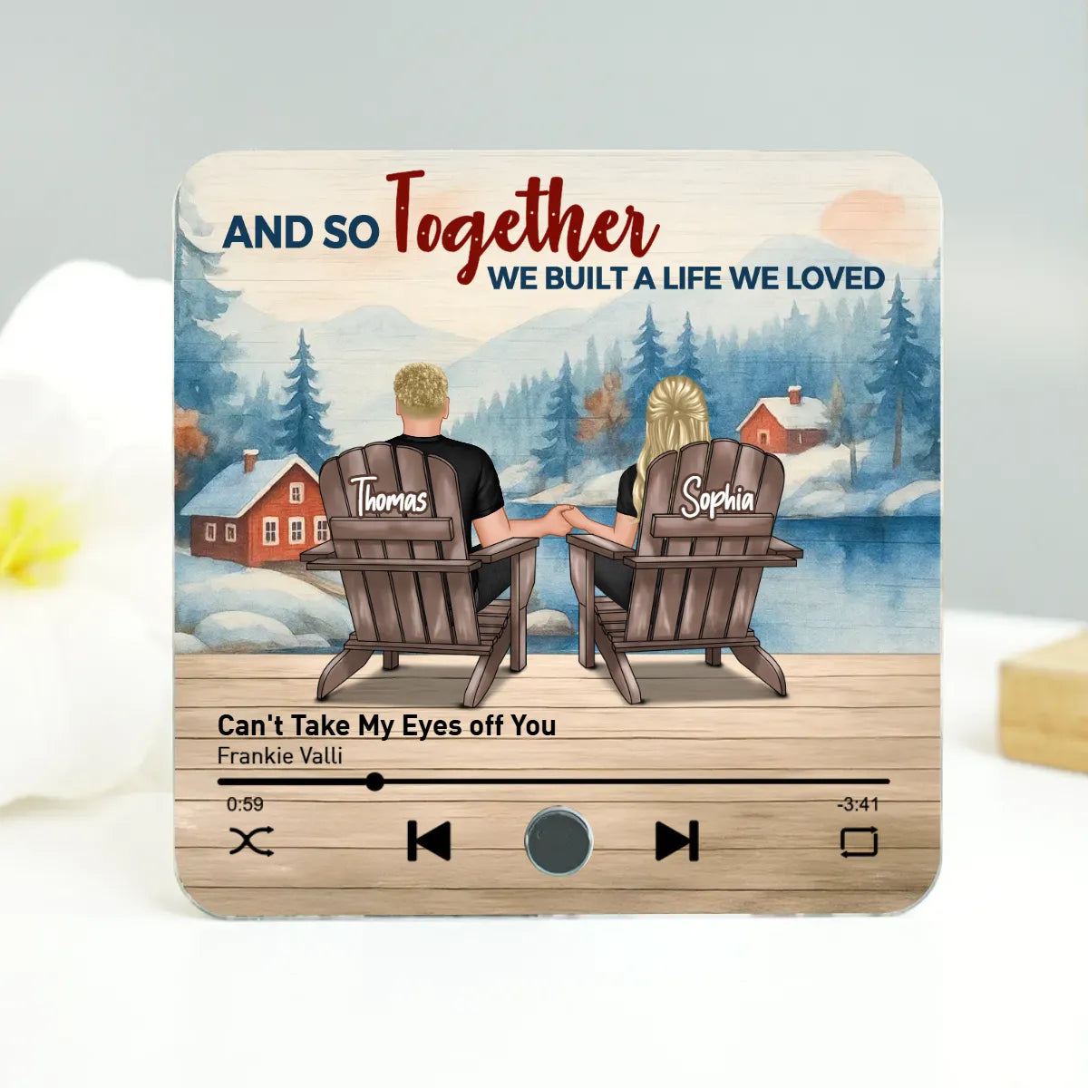 Peaceful Lakeside Forest Scene Sitting Couple - Personalized Music Magnet - Valentine's Day Gift For Couple