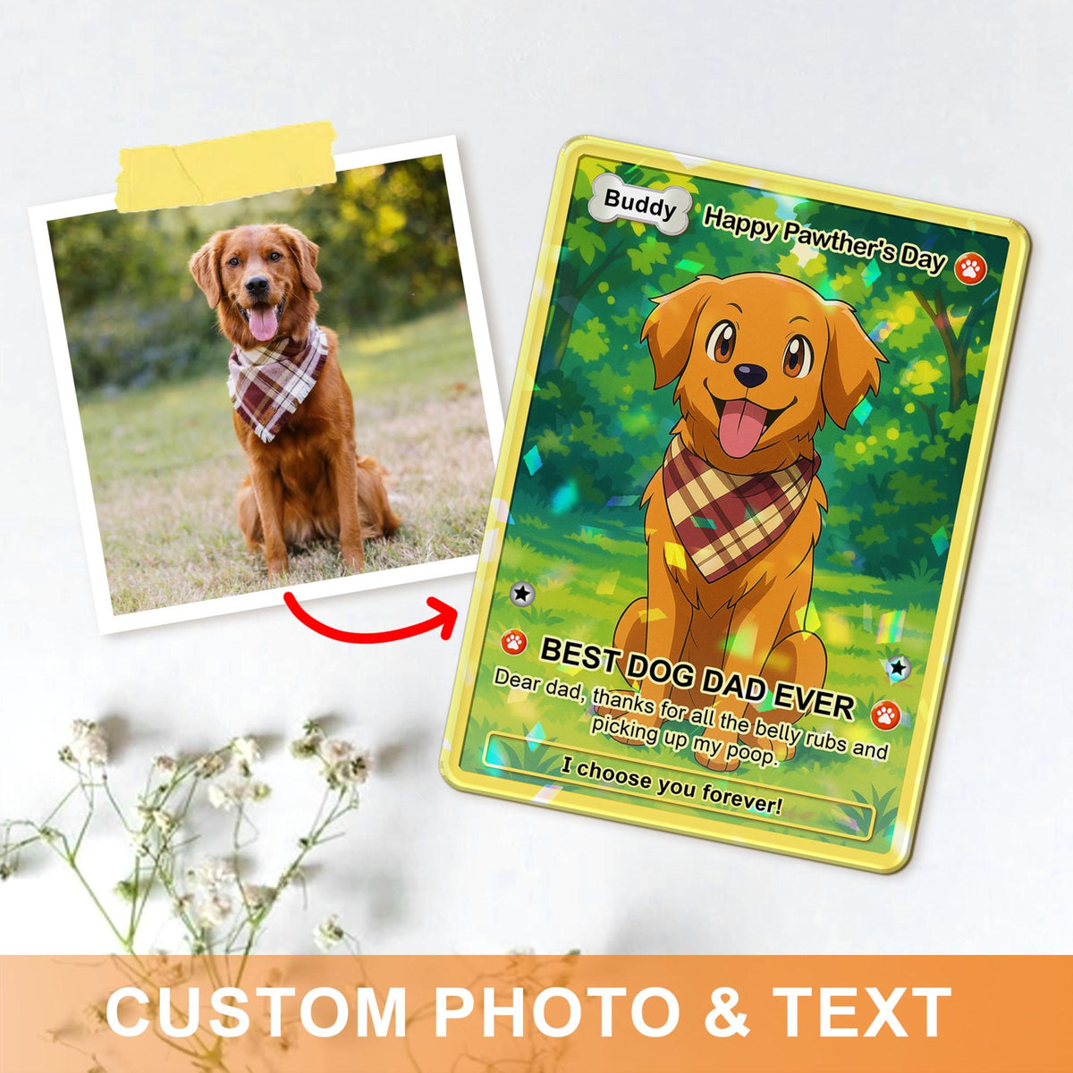 Custom Pet Anime Card, Fathers Day Gift For Dog Dad, Pet Lover Gifts, Pet Portrait Hologram Card, Dog Dad Gift, Personalized Gifts For Him