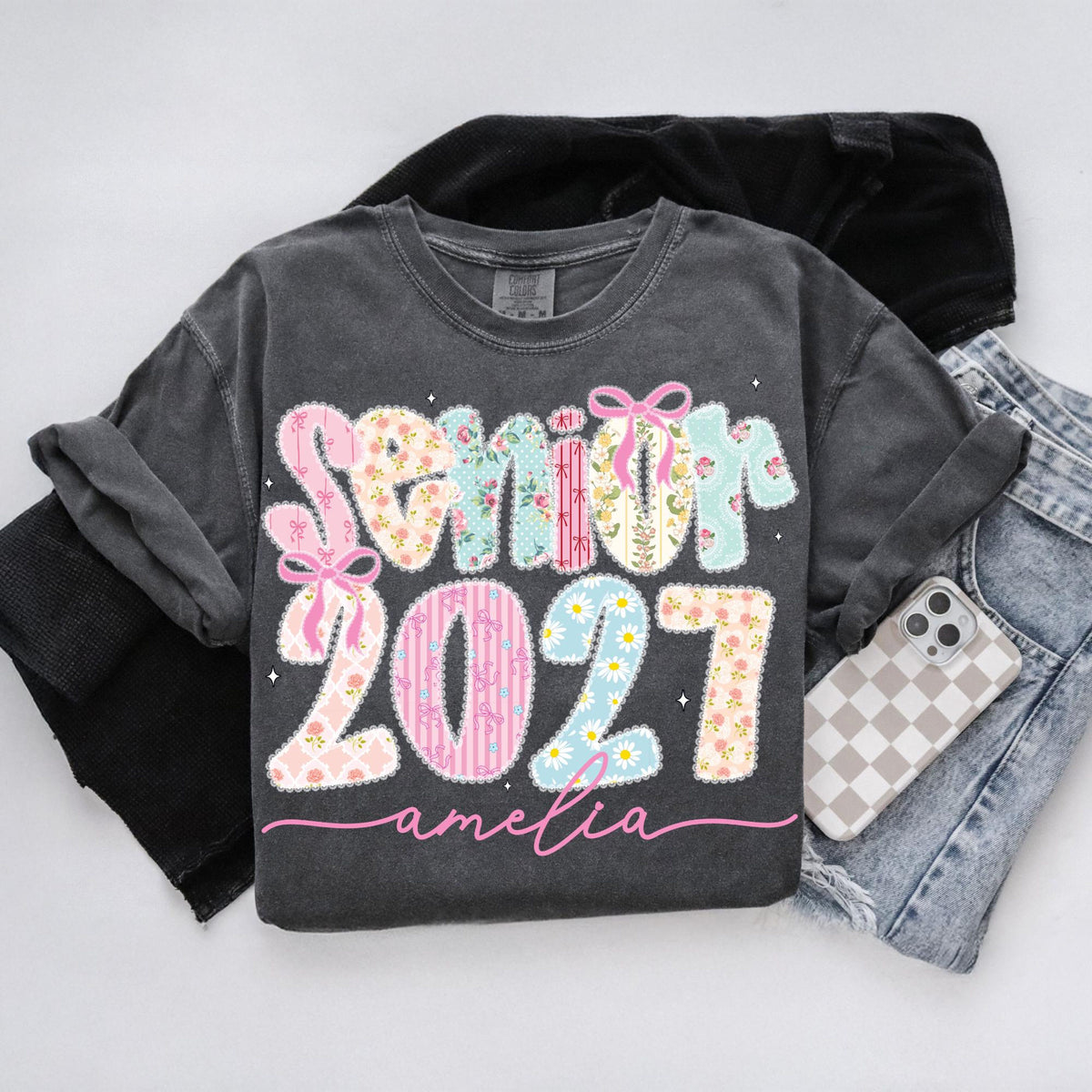 Comfort Colors Custom Senior 2027 T-Shirt, Personalized Graduate 2027 Shirt, High School Graduation Gift, Coquette Girly Senior, Lace Class of