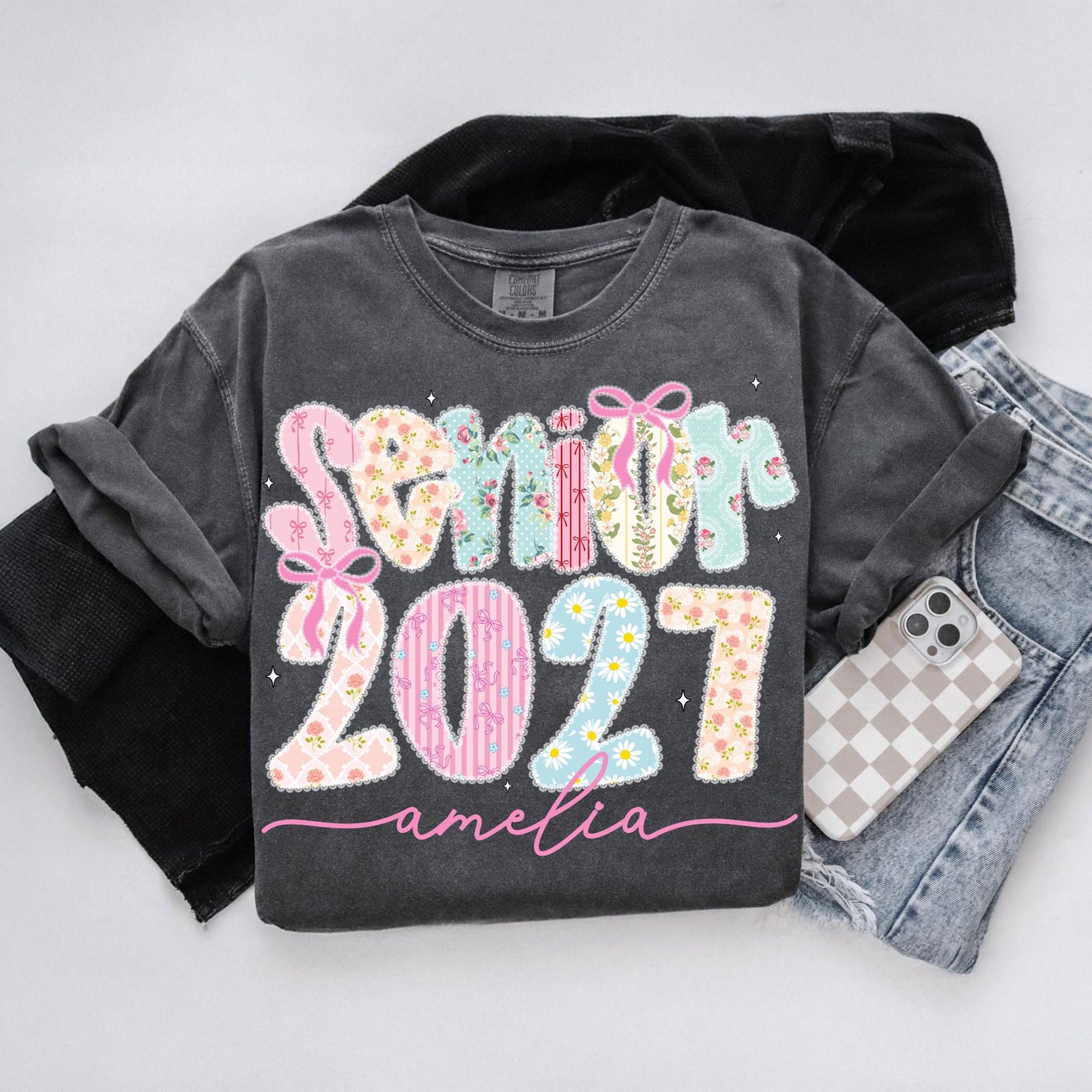 Comfort Colors Custom Senior 2027 T-Shirt, Personalized Graduate 2027 Shirt, High School Graduation Gift, Coquette Girly Senior, Lace Class of