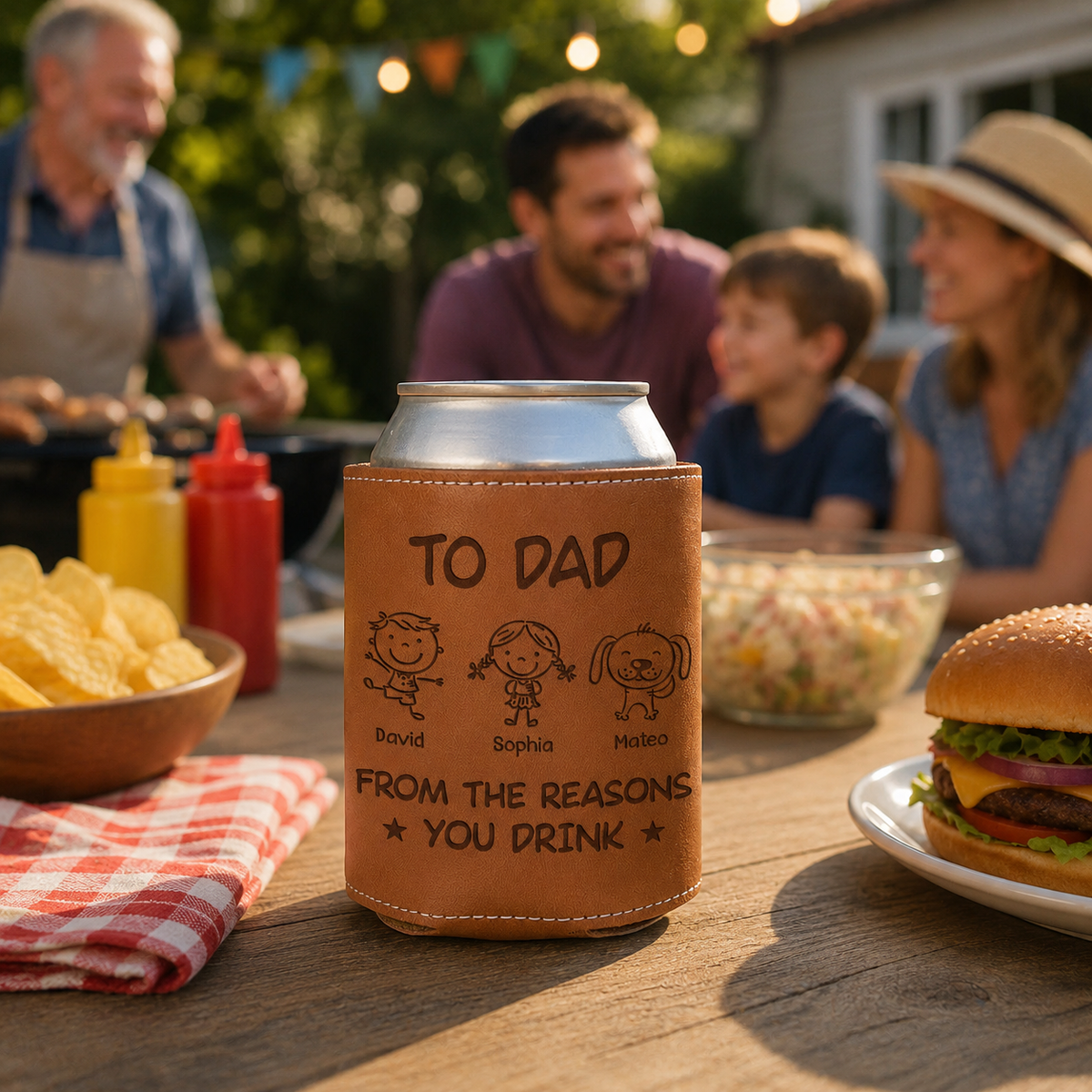 To Dad From The Reasons You Drink - Personalized Leather Can Cooler - Gift For Dad, Grandpa, Father's Day