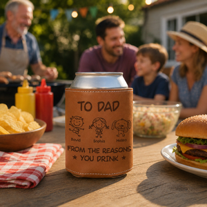 To Dad From The Reasons You Drink - Personalized Leather Can Cooler - Gift For Dad, Grandpa, Father's Day