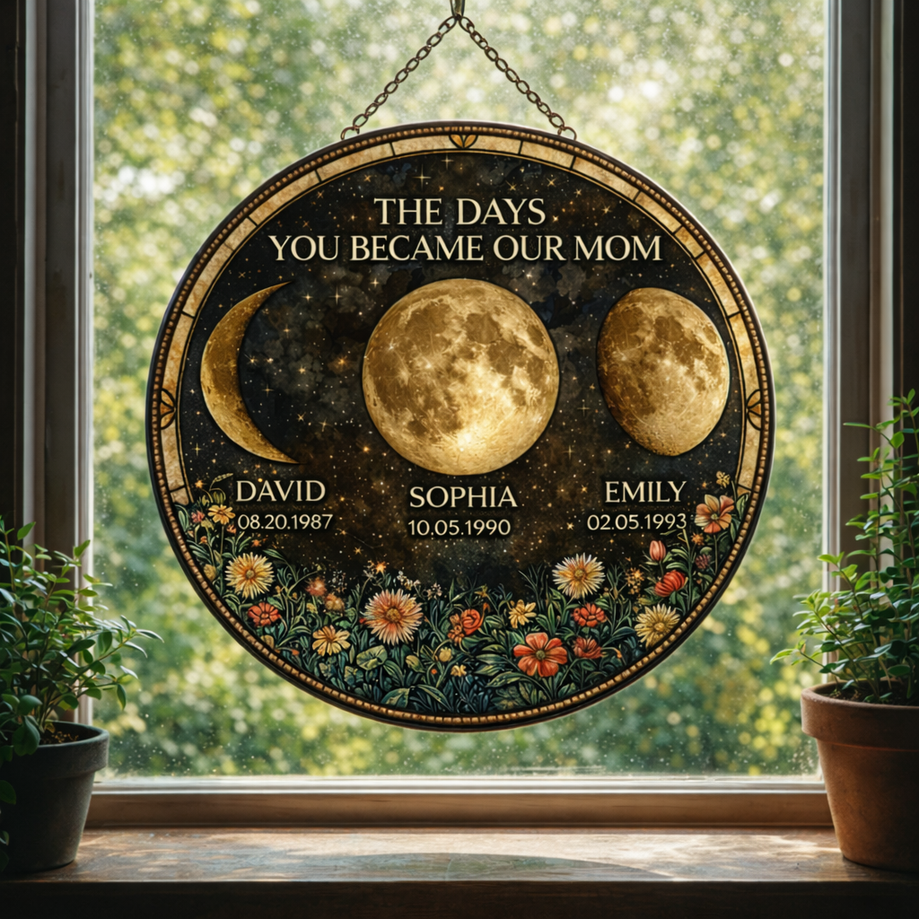 The Day You Became Our Mom Flower Moon Phase - Personalized Suncatcher Stained Glass - Gift For Mom, Mother's Day, Birthday Gift