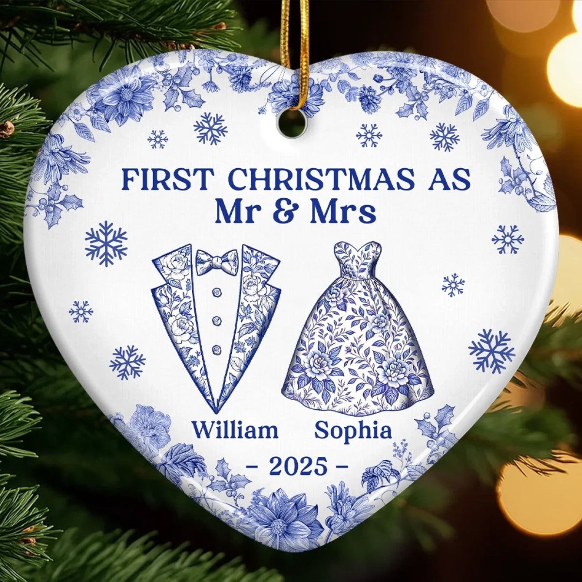 First Chirstmas Anniversary Toile De Jouy Pattern - Personalized Ornament - Gift For Couple, Christmas, Anniversary Gift