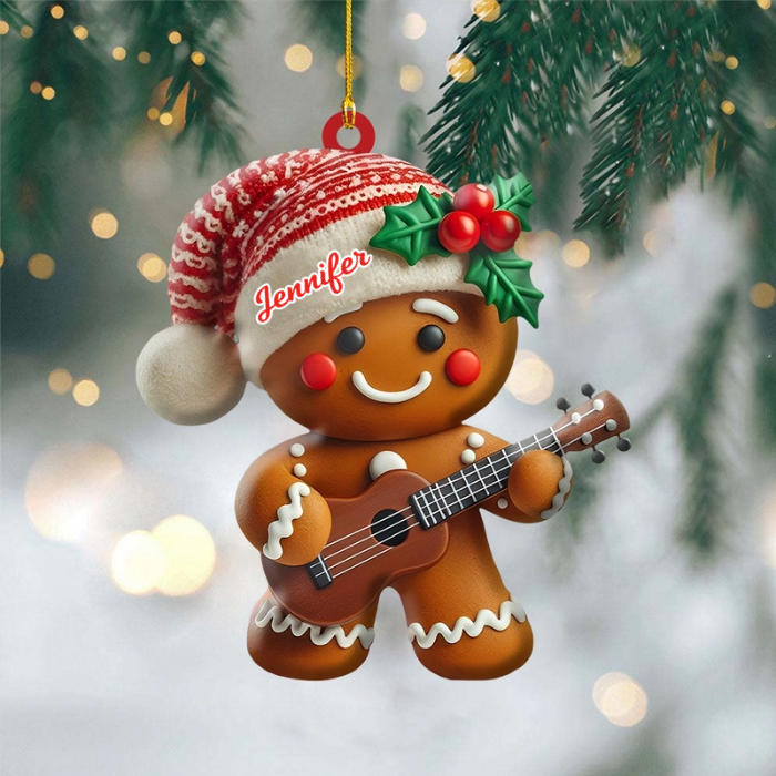 Personalized Gingerbread Playing Ukulele Ornament - Unique Xmas Tree Decor, Musical Instrument Ornament, Christmas Gift for Ukulele Player