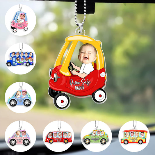 Personalized Kids Photo Car Ornament For Dad, Custom Drive Safe Daddy Car Ornament, Father's Day Gift, Drive Safe Gift For Grandpa