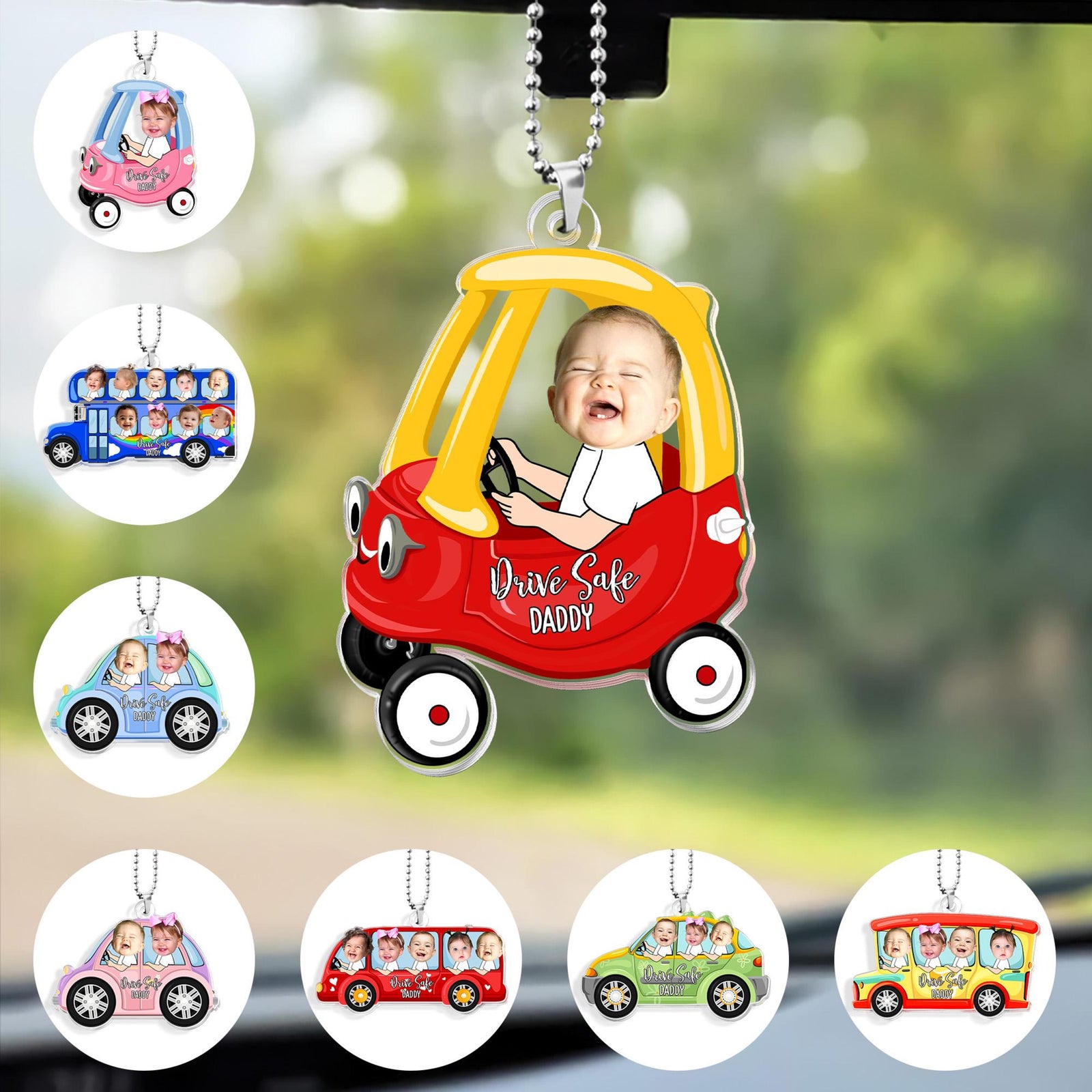 Personalized Kids Photo Car Ornament For Dad, Custom Drive Safe Daddy Car Ornament, Father's Day Gift, Drive Safe Gift For Grandpa