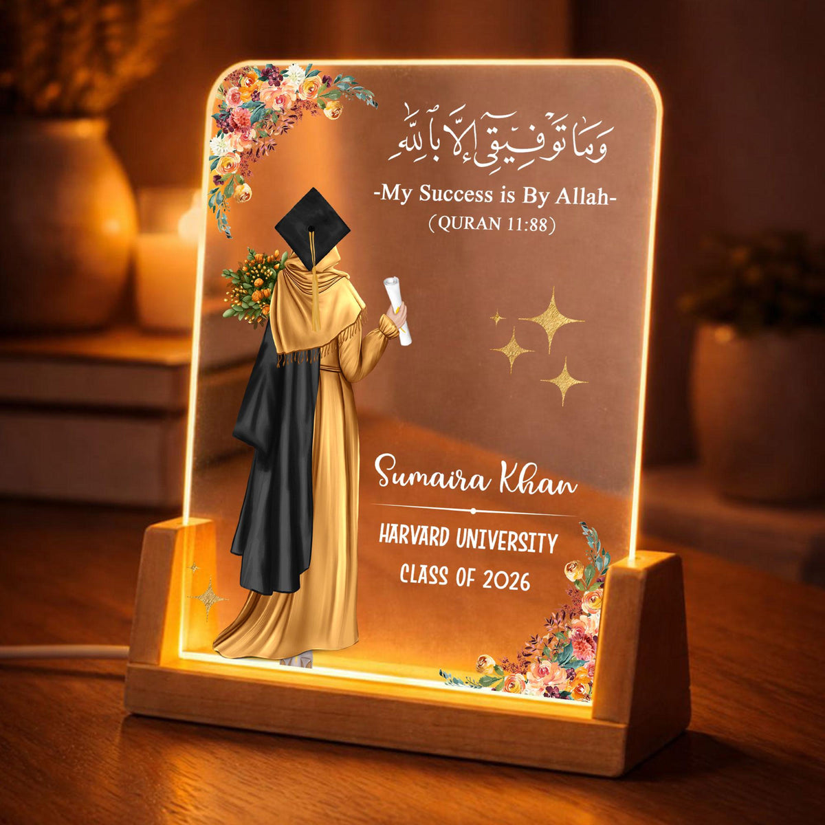 Custom Muslim Graduation Night Light with Wooden Base, Islamic Highschool College Grad Gifts, Muslim Graduate Keepsake Gift, Class of 2026