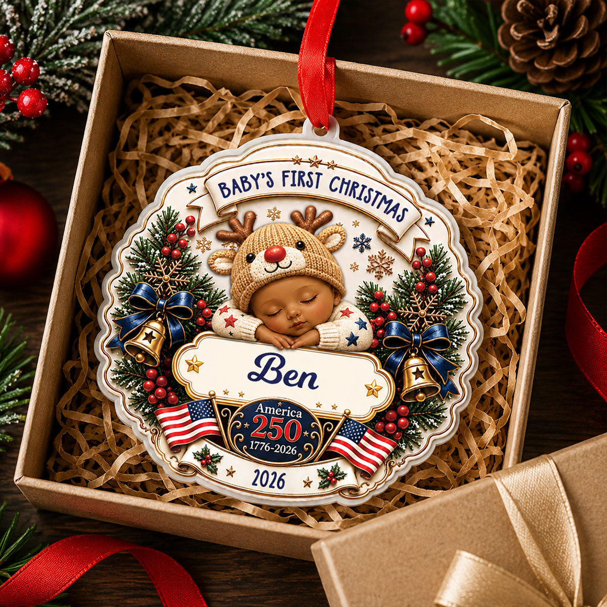America 250 Baby’s First Christmas Ornament - Personalized Baby Gifts
