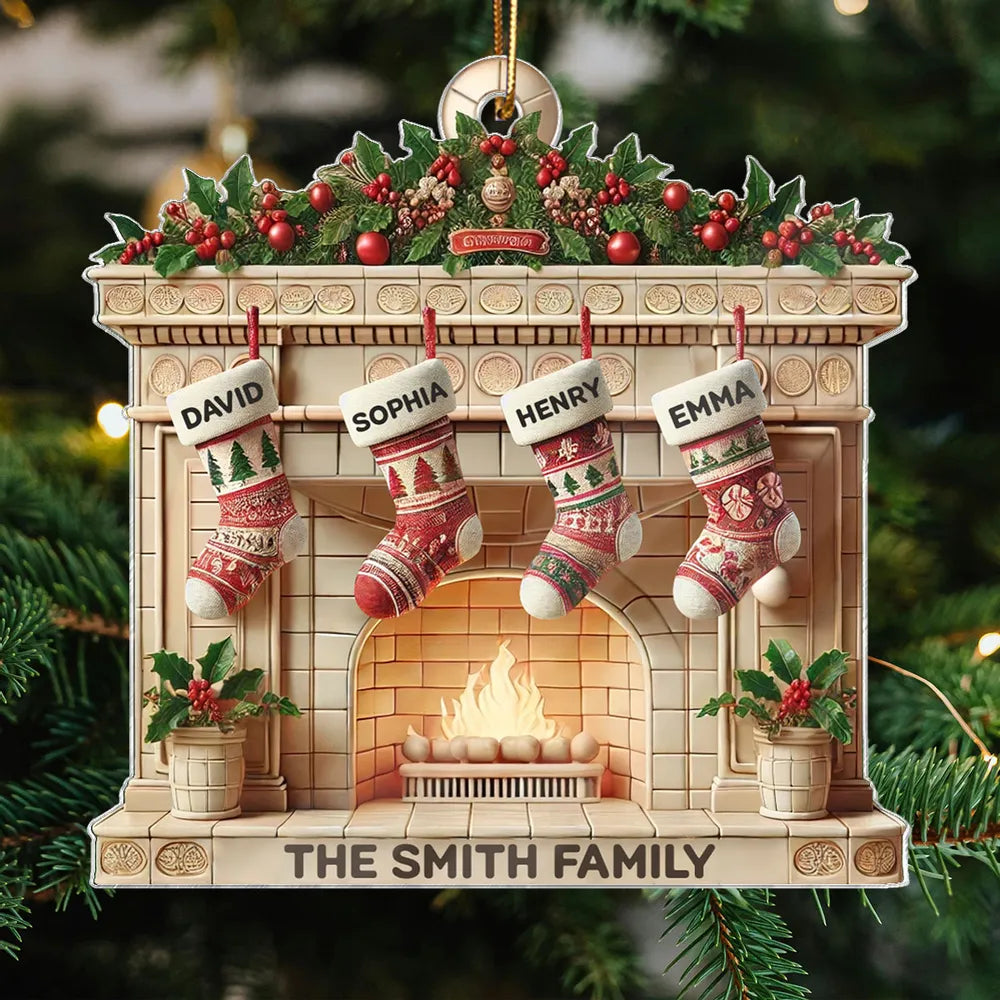 Christmas Retro Fireplace 3D Efect Family Christmas Stockings On Mantel Ornament, Christmas Gift For Family, Keepsake Ornament