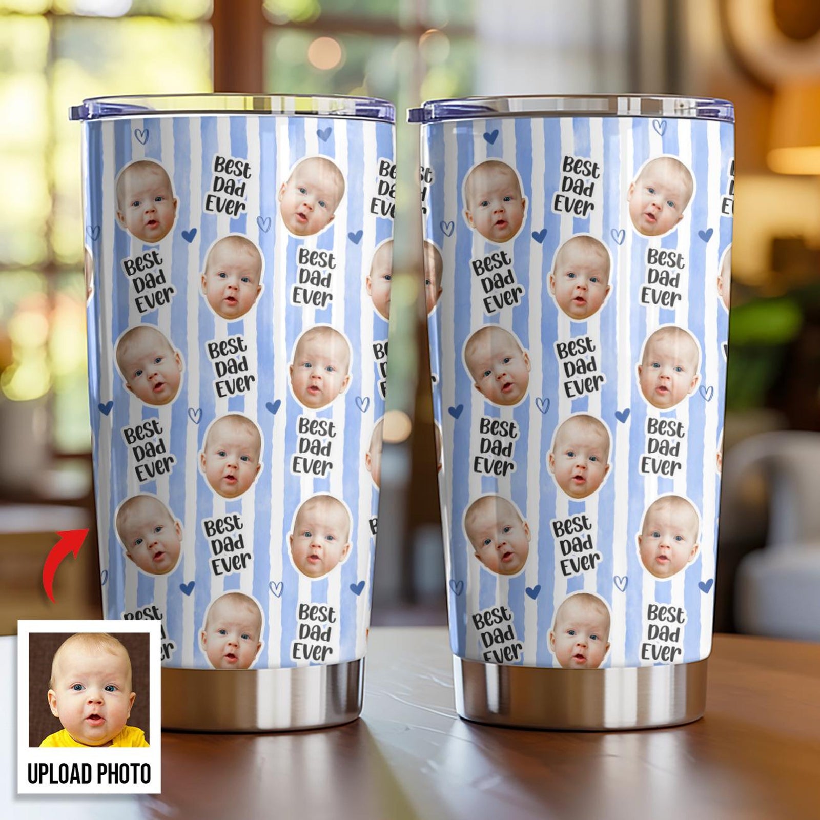 Custom Baby Face Tumbler, Personalized Best Dad Ever Stripes Travel Mug, Funny Repeat Photo Face Coffee Cup, First Fathers Day Gift From Wife