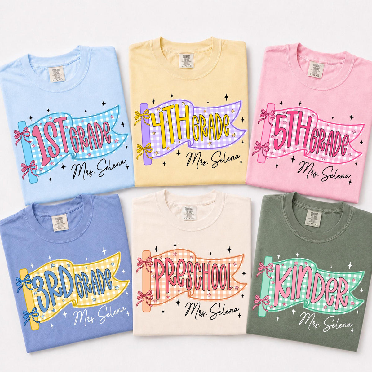 Comfort Colors Custom Grade & Name Teacher Shirt, Pennant Flag Teacher Tee, Teacher Team Shirt, First Second Third Fourth Fifth Grade Shirt
