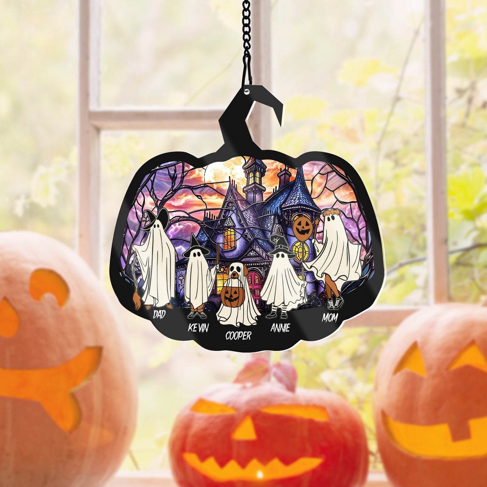 Halloween Ghost Family - Personalized Suncatcher Ornament - Halloween Gift For Family