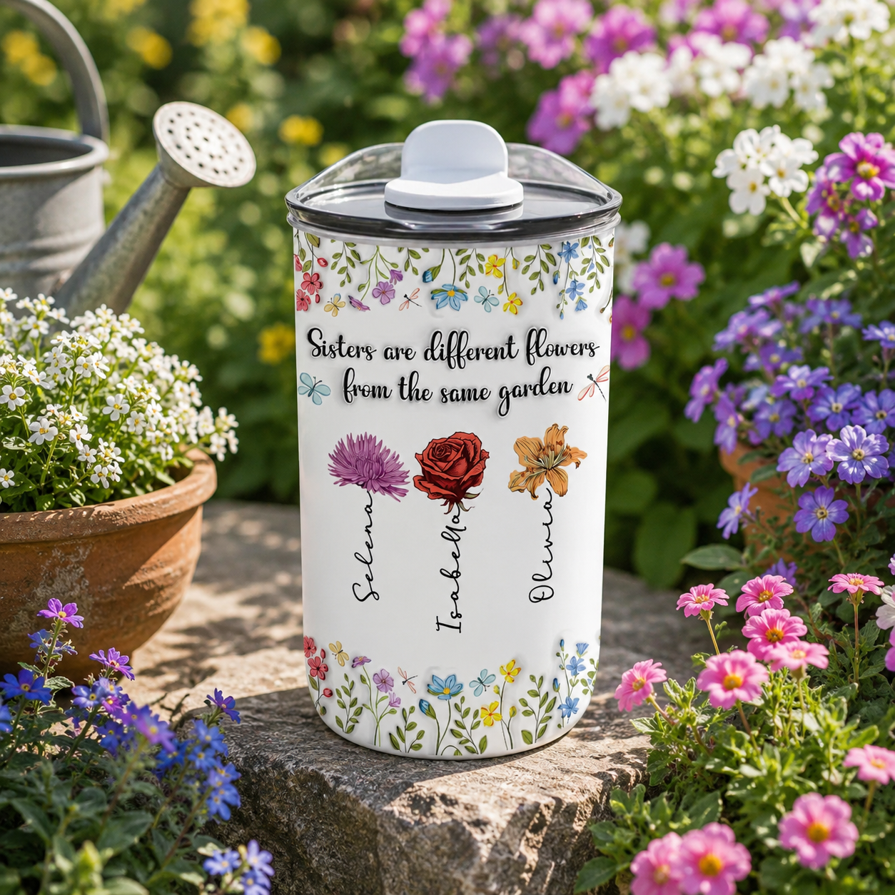 Sisters Are Different Flowers From The Same Garden - Personalized Tumbler 10oz - Gift For Sisters, Besties