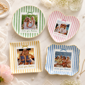 Personalized Bestie Photo Jewelry Dish, Ceramic Trinket Tray for Best Friend, Bestie Striped Ring Dish, Birthday Gifts For Bestie