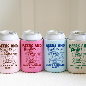 Beers and Birdies Can Cooler, Golf Party Favor, Custom Name Drink Sleeve, Golf Theme Gift, Groomsmen Party Favor, Bachelor Trip Gift