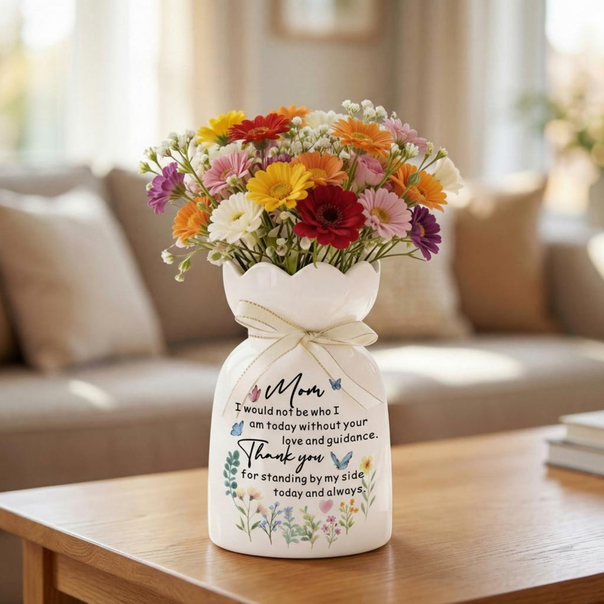 Floral Ceramic Vase with Mom Quote, Decorative Flower Vase, Gift for Mother's Day