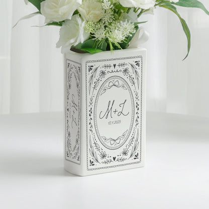 Custom Couple Initials Vase, Personalized Book Vase, Bookshelf Decor, Reading Room Flower Pot, Ceramic Book Flower Vase, Toile De Jouy Decor