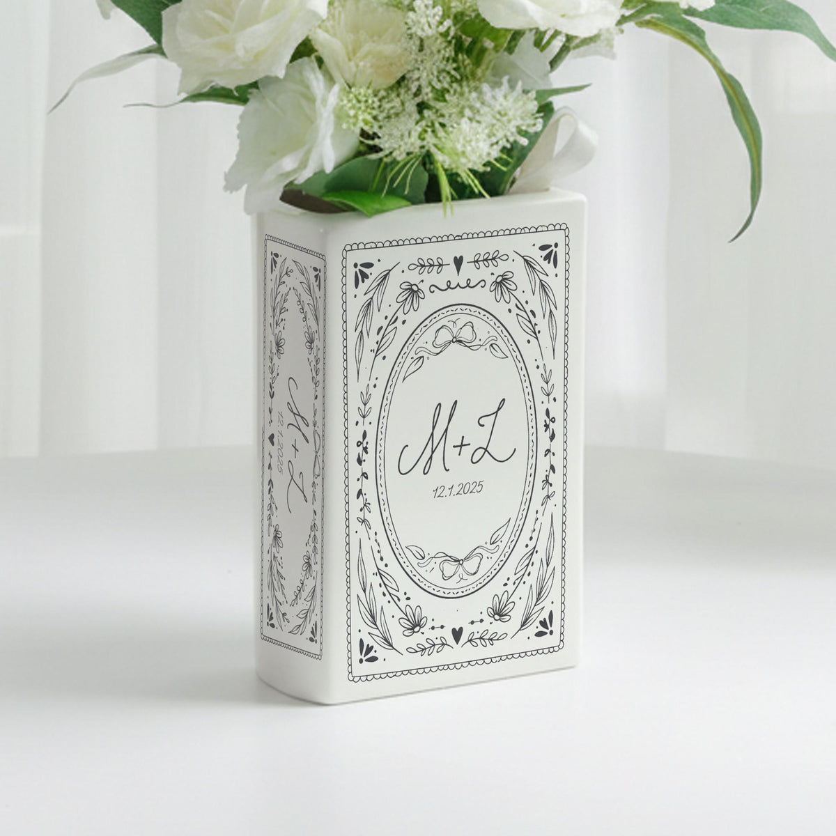 Custom Couple Initials Vase, Personalized Book Vase, Bookshelf Decor, Reading Room Flower Pot, Ceramic Book Flower Vase, Toile De Jouy Decor
