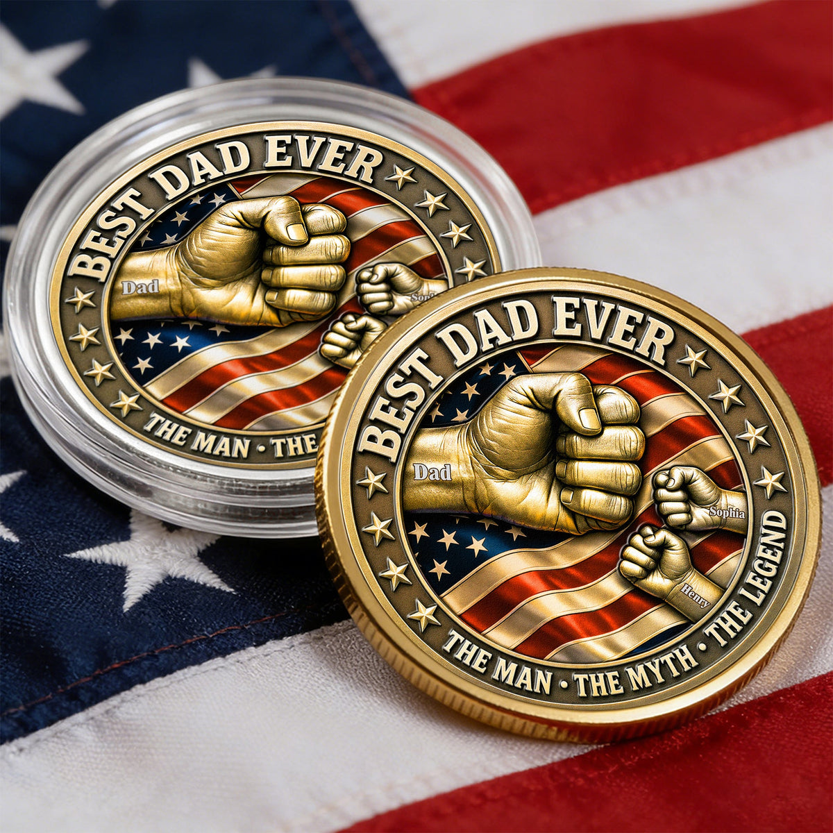 Best Dad Ever Fist Bumps With Kids' Names - Personalized Metal Coin - Gift Dad, Grandpa, Father's Day Gift, Patriotic Gift