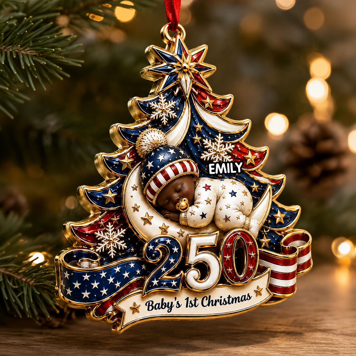 American 250th Anniversary Baby First Christmas Our Newest Little Patriot - Real 3D Raised Ornament