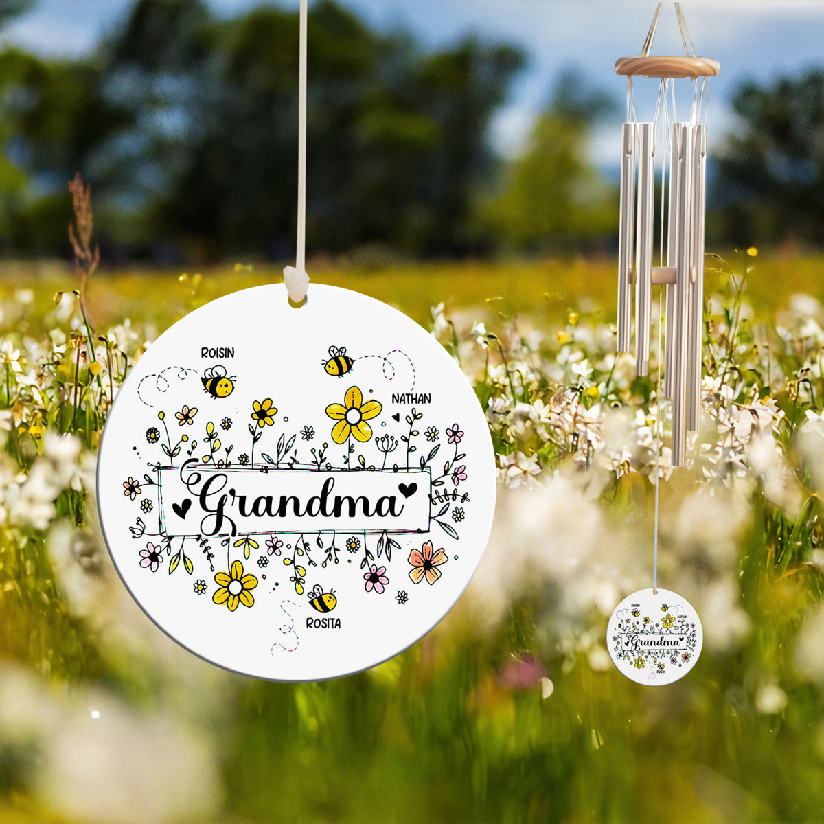 Grandma Bee Flower Wind Chimes, Cute Grandkid Bee, Personalized Wind Chime, Mother's Day Gift, Gift for Grandma