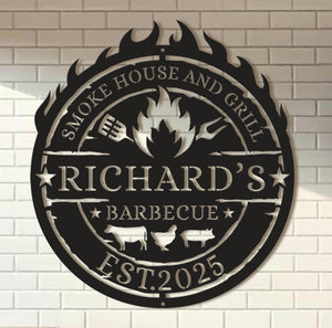 Personalized Metal BBQ Sign Custom Smoke House & Grill Wall Art Outdoor Kitchen Decor Gift for Grill Master - Garden BBQ Plaque