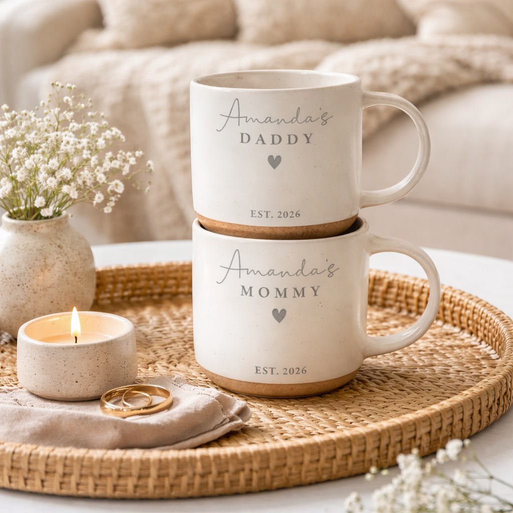 Personalized Engraved Mom Dad Pottery Mug, Custom Name Mommy Daddy Coffee Cup, Future Parents Gift, Mothers Day Birthday Present